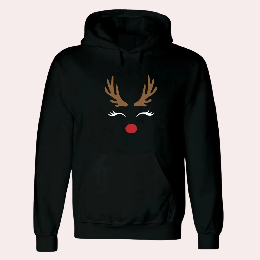 Zwarte hoodie met rendierontwerp, inclusief gewei, wimpers en rode neus. Perfect voor kerstmode en winterkleding. Unisex en comfortabel.