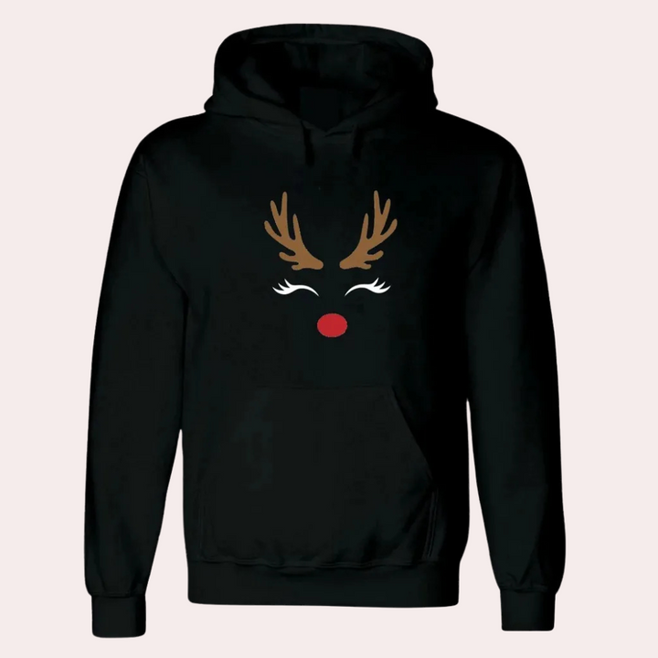 Zwarte hoodie met rendierontwerp, inclusief gewei, wimpers en rode neus. Perfect voor kerstmode en winterkleding. Unisex en comfortabel.