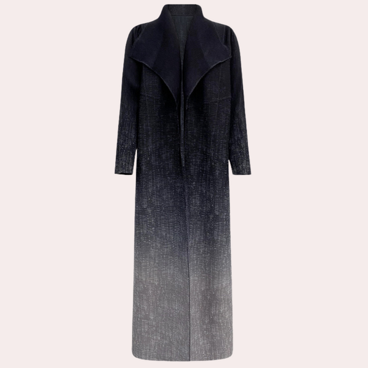 Donkere lange damesjas met ombre-effect, open voorkant en lange mouwen. Stijlvolle wintermode, perfect voor casual en formele gelegenheden.