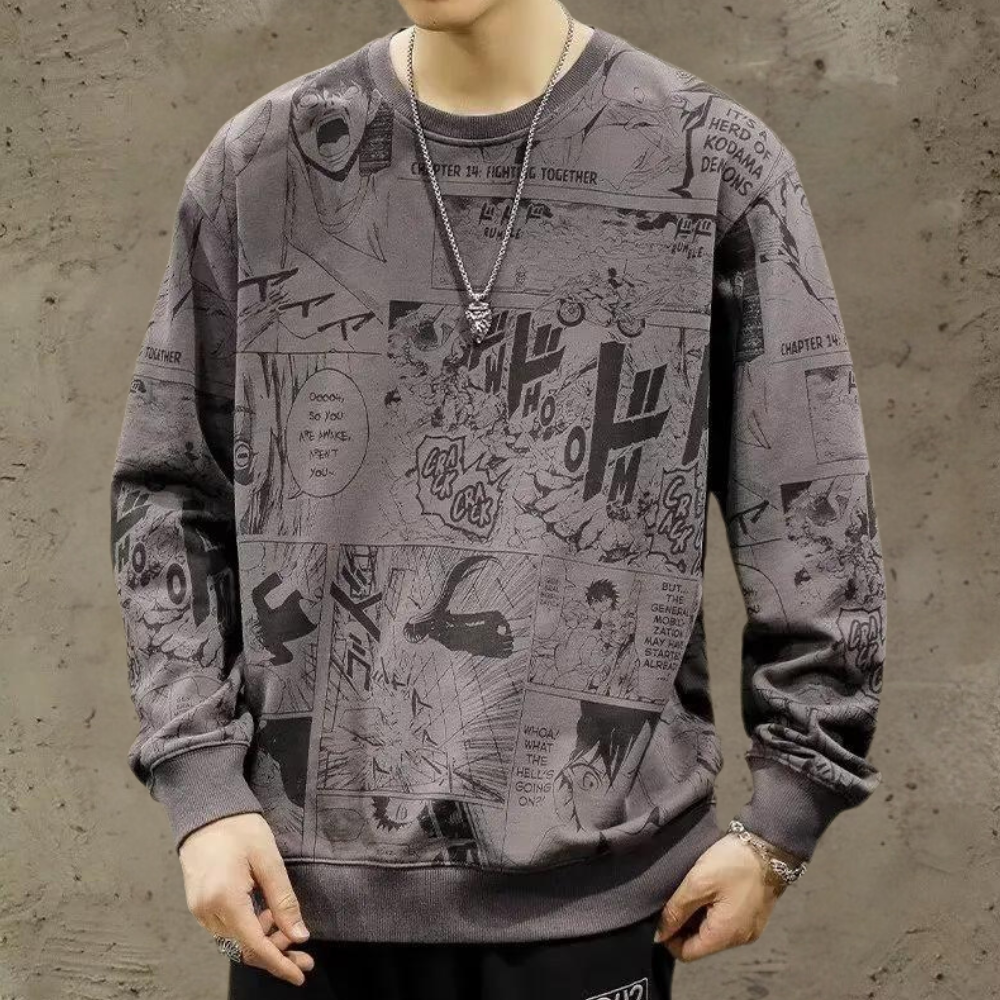 Grijze sweatshirt met manga-print, unisex streetwear, casual mode, stripboekstijl, comfortabele katoenen trui, trendy kleding voor jongeren.