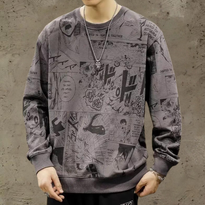 Grijze sweatshirt met manga-print, unisex streetwear, casual mode, stripboekstijl, comfortabele katoenen trui, trendy kleding voor jongeren.
