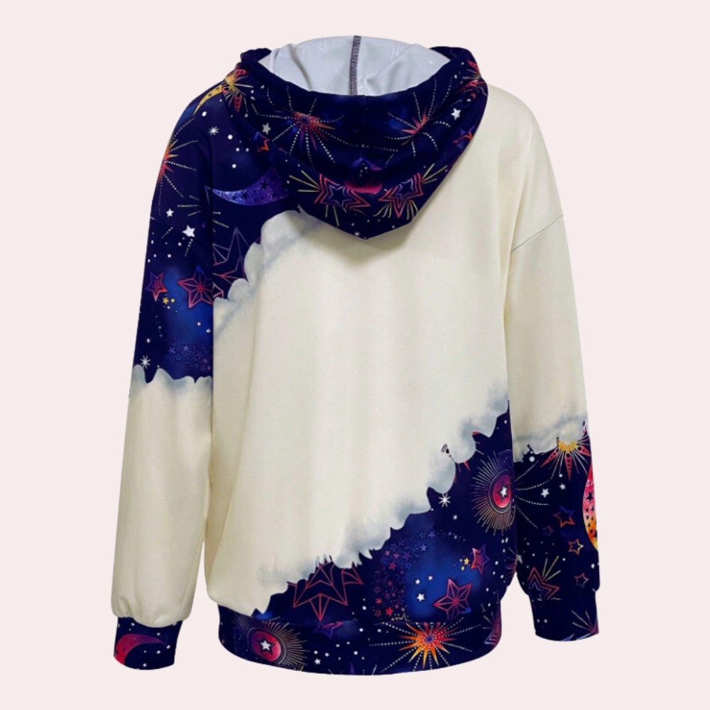 Hippe hoodie met kleurrijk sterrenhemelontwerp, unisex, comfortabele pasvorm, ideaal voor casual streetwear en modebewuste jongeren.