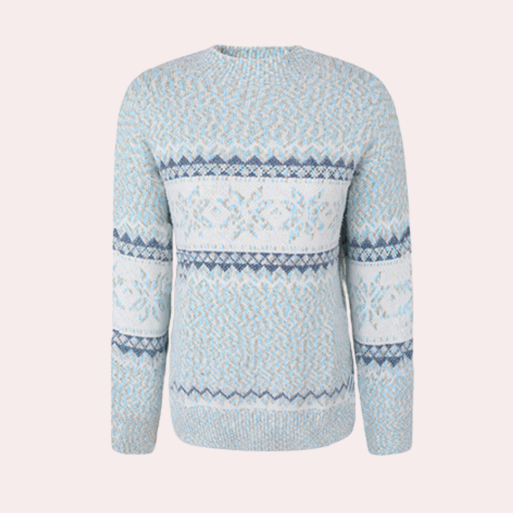 Dames kersttrui met sneeuwvlokpatroon, lichtblauw en wit, gebreid, wintermode, comfortabele feestelijke kleding, ideaal voor kerstvieringen.