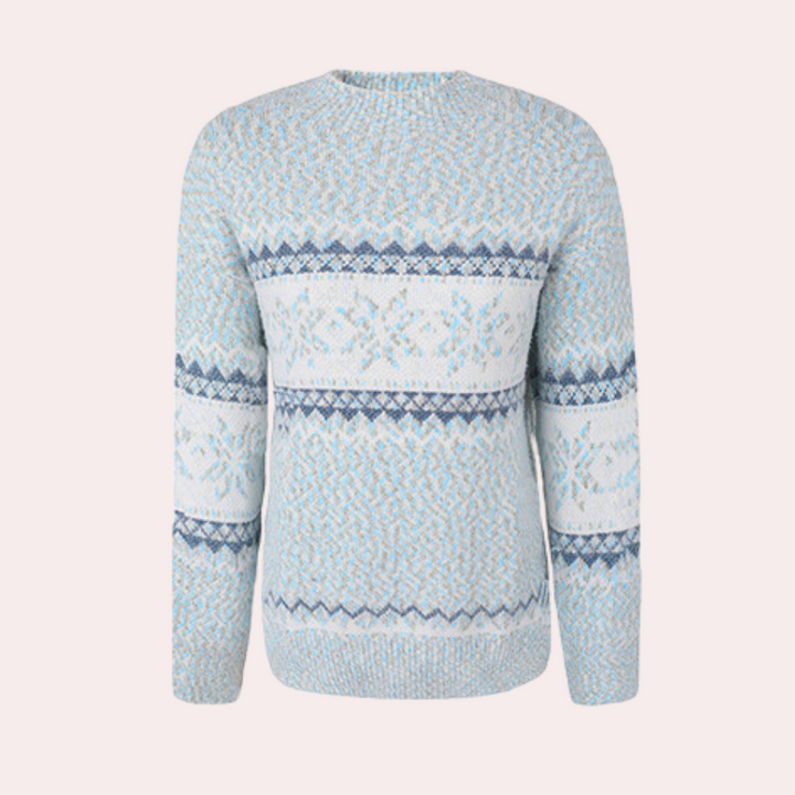Dames kersttrui met sneeuwvlokpatroon, lichtblauw en wit, gebreid, wintermode, comfortabele feestelijke kleding, ideaal voor kerstvieringen.