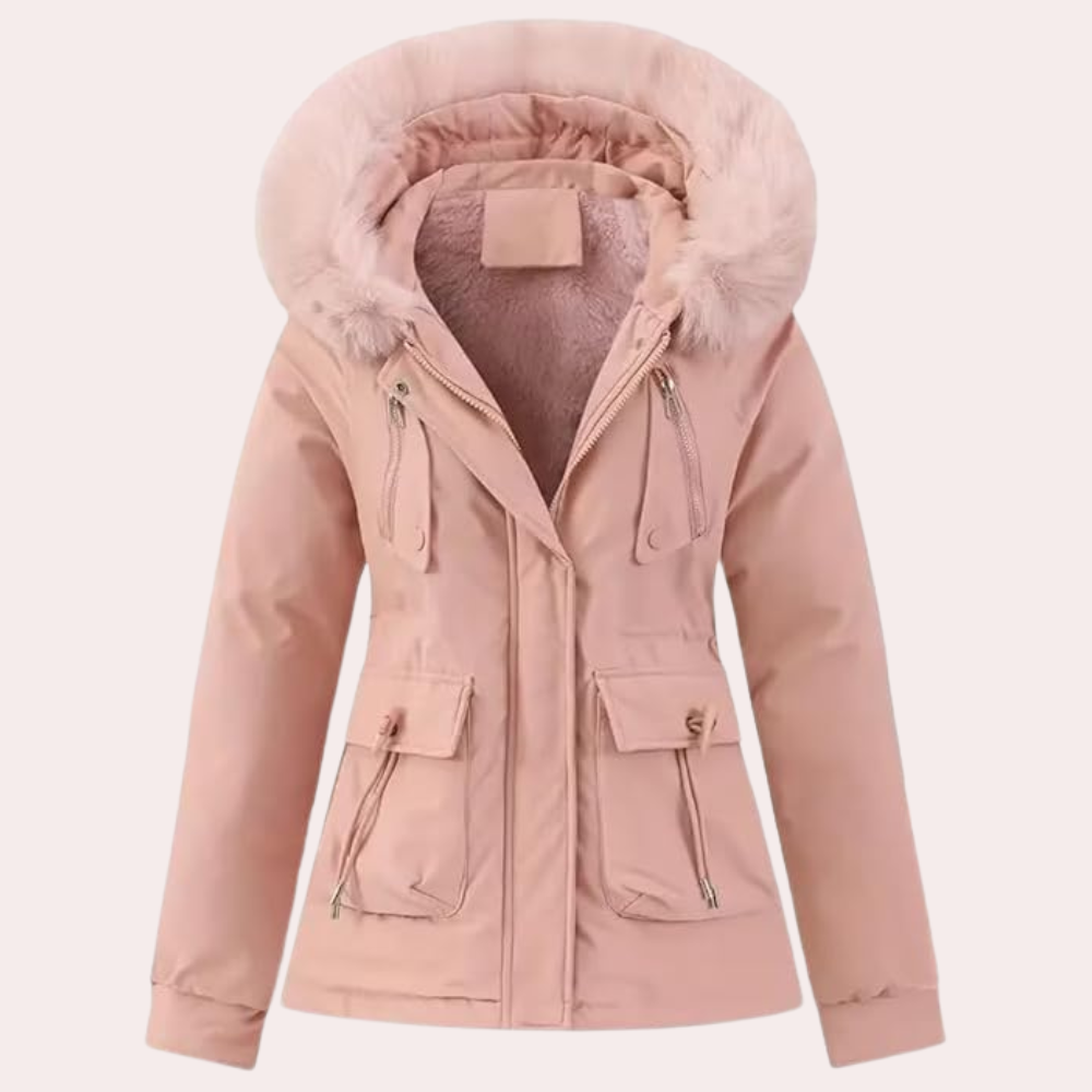 Roze dames winterjas met capuchon en nepbont, warme parka met rits en zakken, stijlvolle en comfortabele jas voor koude seizoenen.