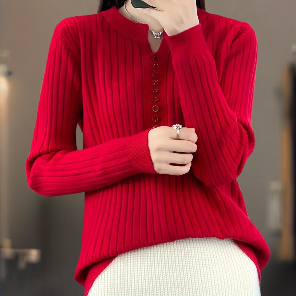 Rode gebreide damestrui met knoopsluiting, lange mouwen en ronde hals. Modieuze winterkleding, ideaal voor casual en stijlvolle outfits.