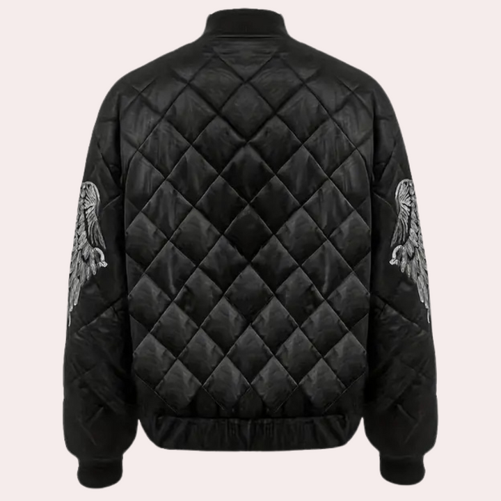 Zwarte gewatteerde jas met ruitpatroon en geborduurde vleugels op de mouwen, unisex bomberjack, modieuze streetwear, winterkleding.