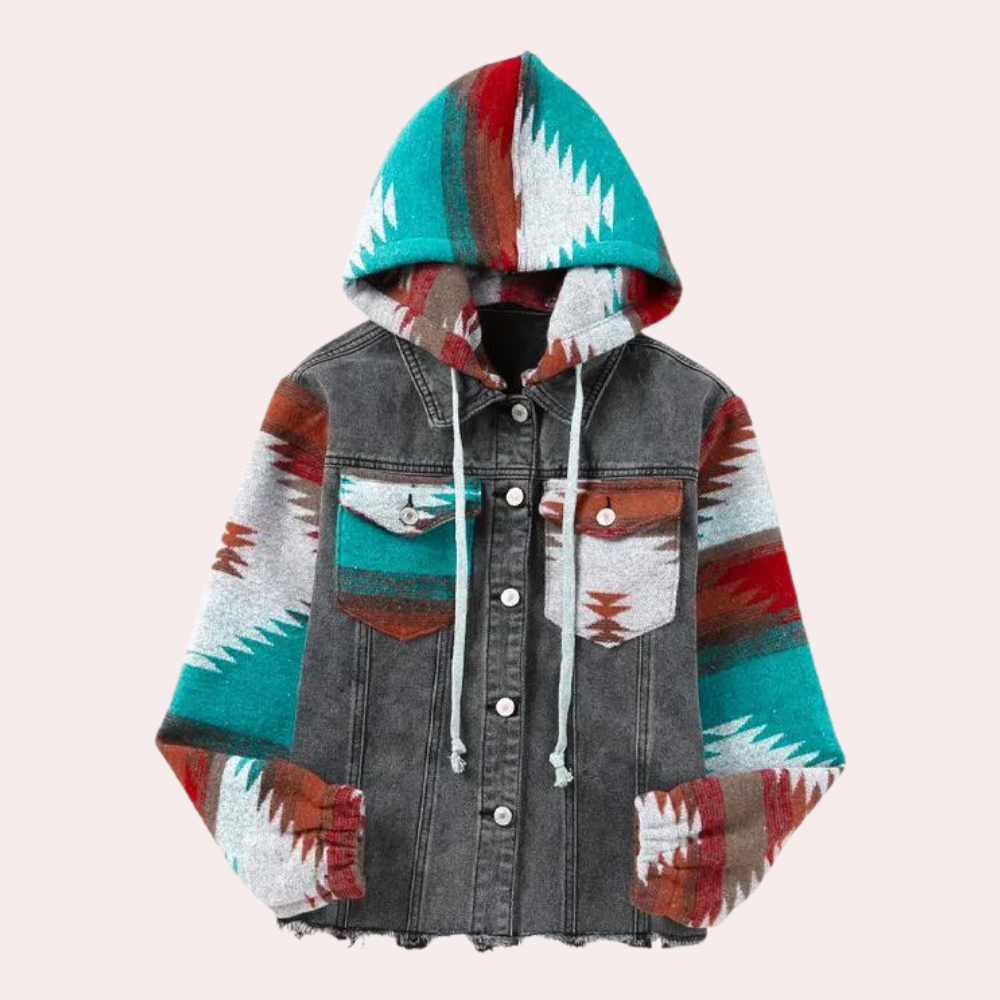 Denim jack met kleurrijke Azteekse print en capuchon, unisex, modetrend, casual streetwear, ideaal voor herfst en lente, unieke stijl.