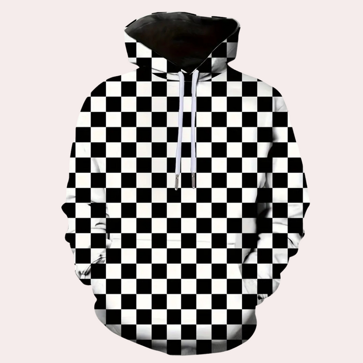 Zwart-wit geruite hoodie met capuchon, unisex design, casual streetwear, comfortabele pasvorm, trendy mode, perfect voor dagelijks gebruik.