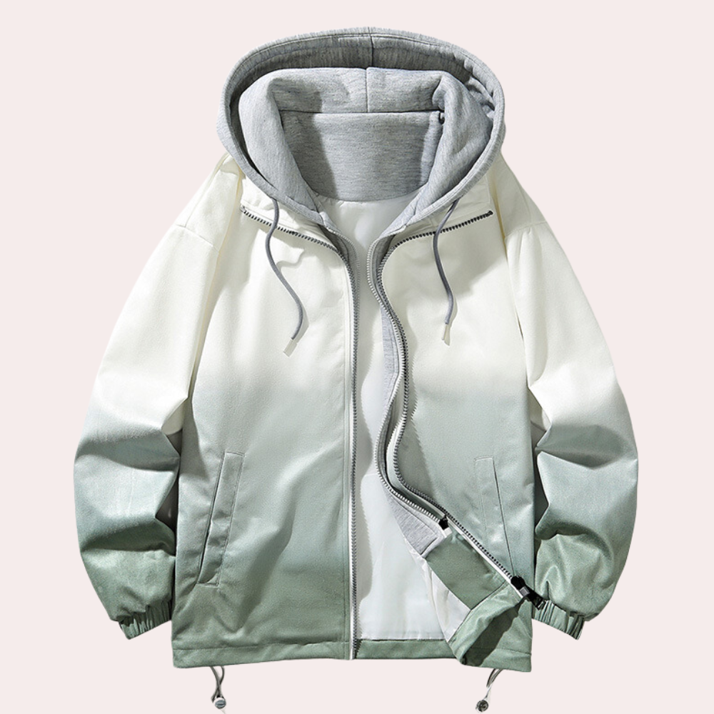Grijs-witte ombre hoodie met ritssluiting, capuchon en trekkoorden. Modieuze unisex jas, ideaal voor casual streetwear en herfstmode.