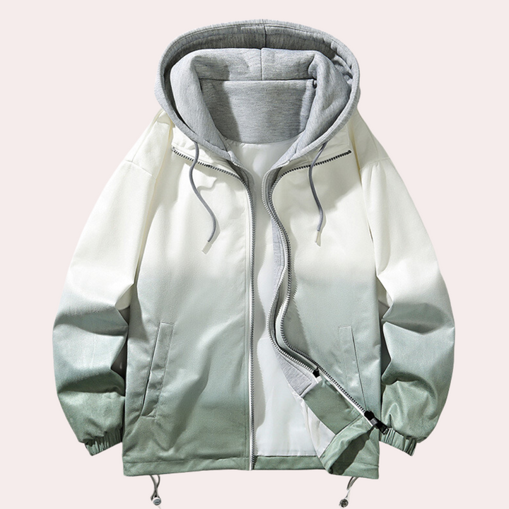 Grijs-witte ombre hoodie met ritssluiting, capuchon en trekkoorden. Modieuze unisex jas, ideaal voor casual streetwear en herfstmode.