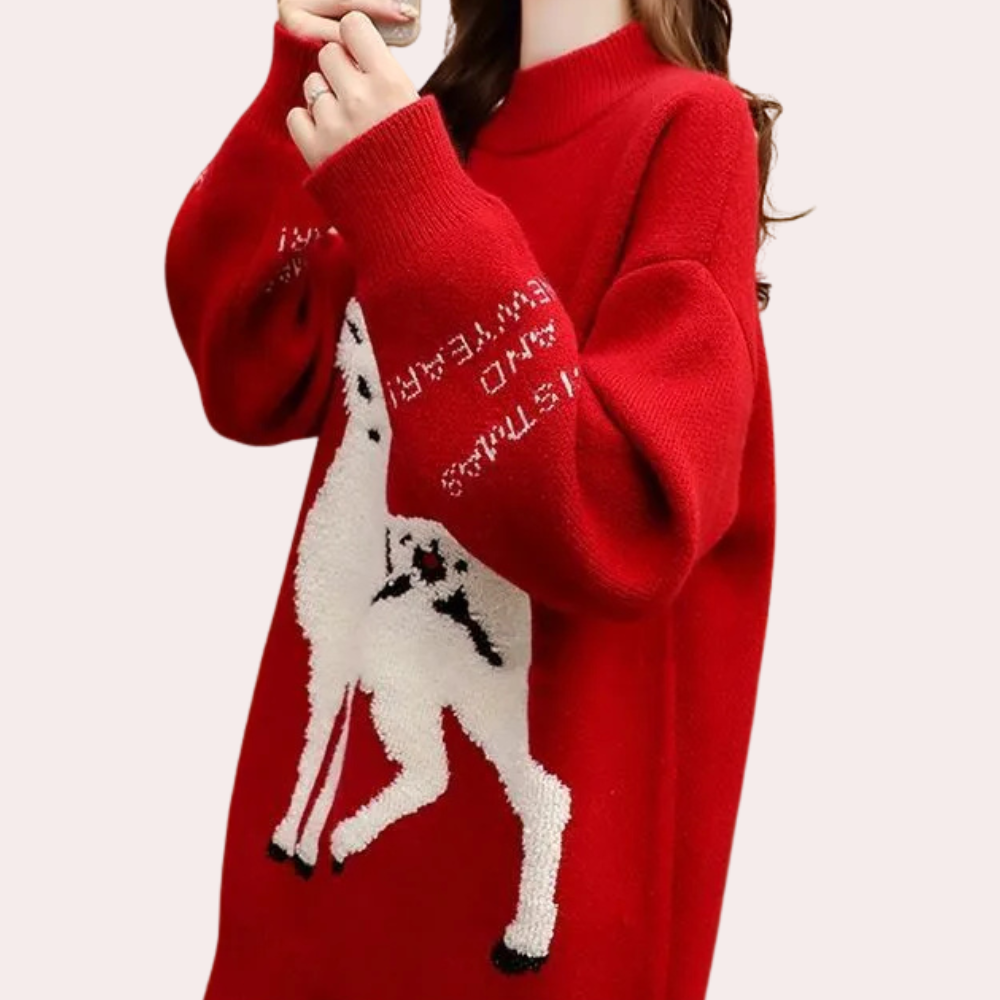 Rode oversized trui met alpaca-patroon, lange mouwen, gebreid design, damesmode, winterkleding, trendy en comfortabel.