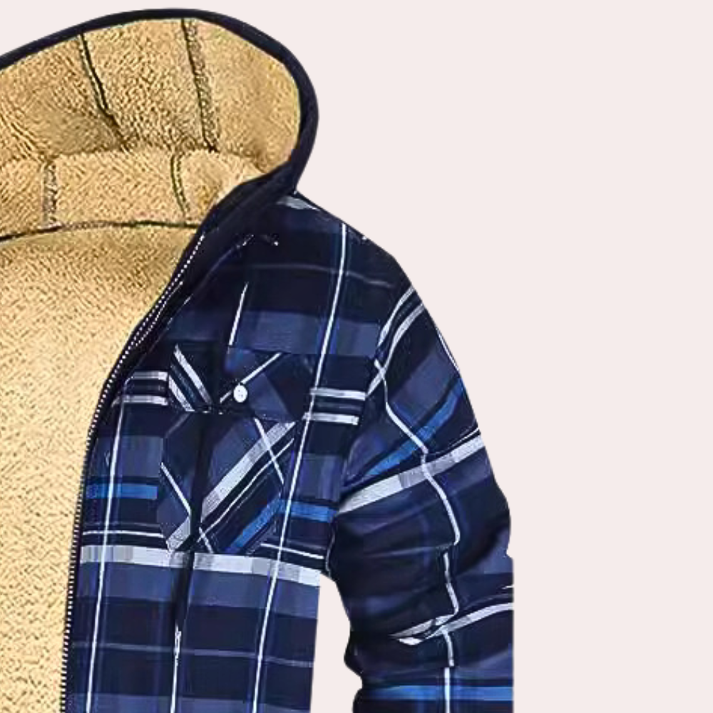 Blauwe geruite winterjas met capuchon en warme voering, ideaal voor koude weersomstandigheden. Modieuze herenjas, comfortabel en stijlvol.