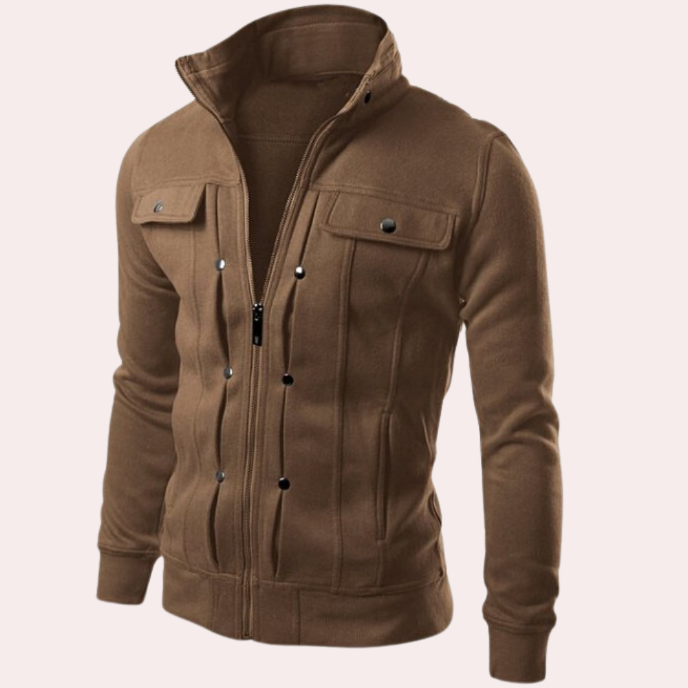 Bruin herenjack met opstaande kraag, ritssluiting en borstzakken. Stijlvolle casual jas, perfect voor herfstmode en outdoor activiteiten.
