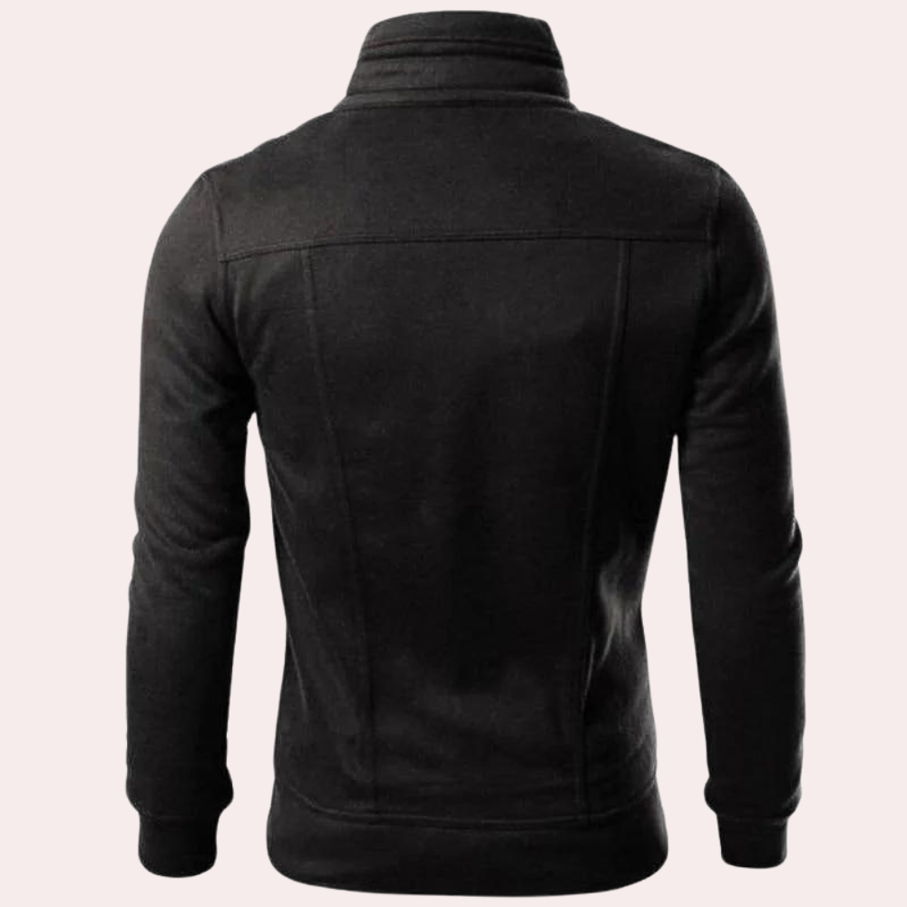 Zwarte herenjas met opstaande kraag, lange mouwen en minimalistisch ontwerp, ideaal voor casual en formele gelegenheden.