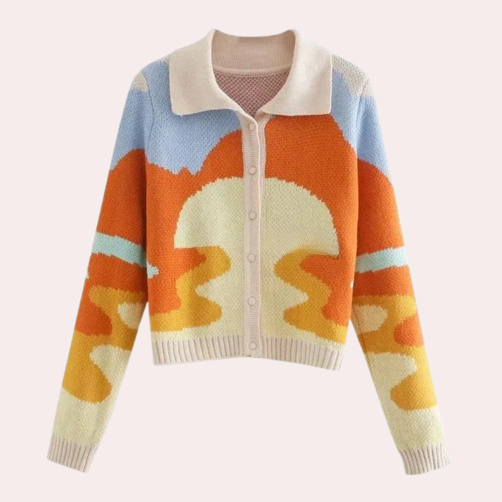 Kleurrig gebreid vest met abstract patroon, lange mouwen en knoopsluiting. Trendy damesmode, herfstkleding, comfortabele en stijlvolle trui.