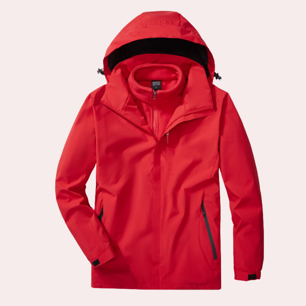 Rode waterdichte regenjas met capuchon, unisex ontwerp, outdoor kleding, ademend materiaal, ideaal voor wandelen en kamperen.