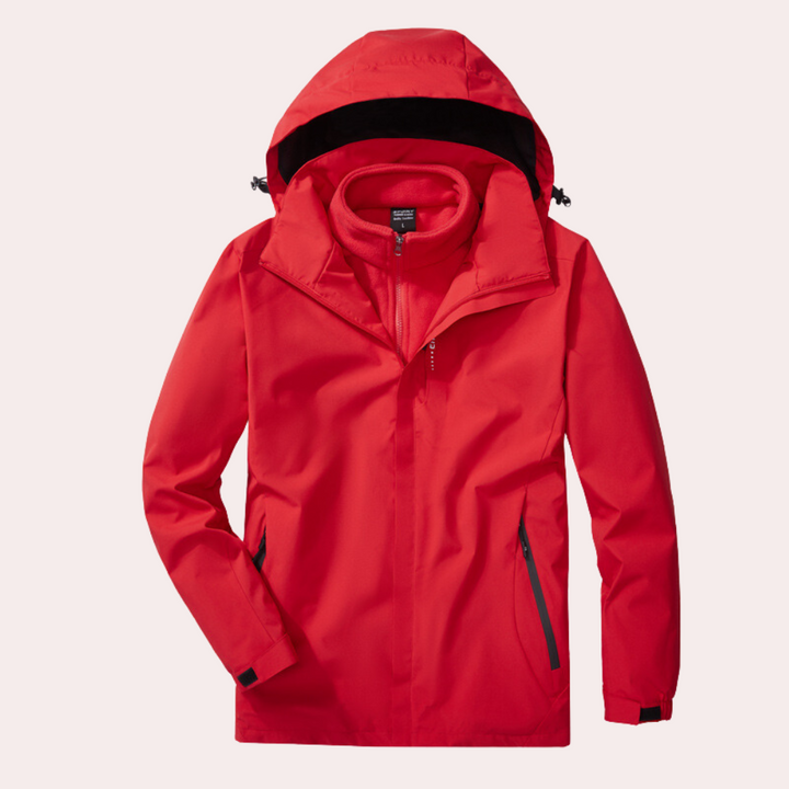 Rode waterdichte regenjas met capuchon, unisex ontwerp, outdoor kleding, ademend materiaal, ideaal voor wandelen en kamperen.