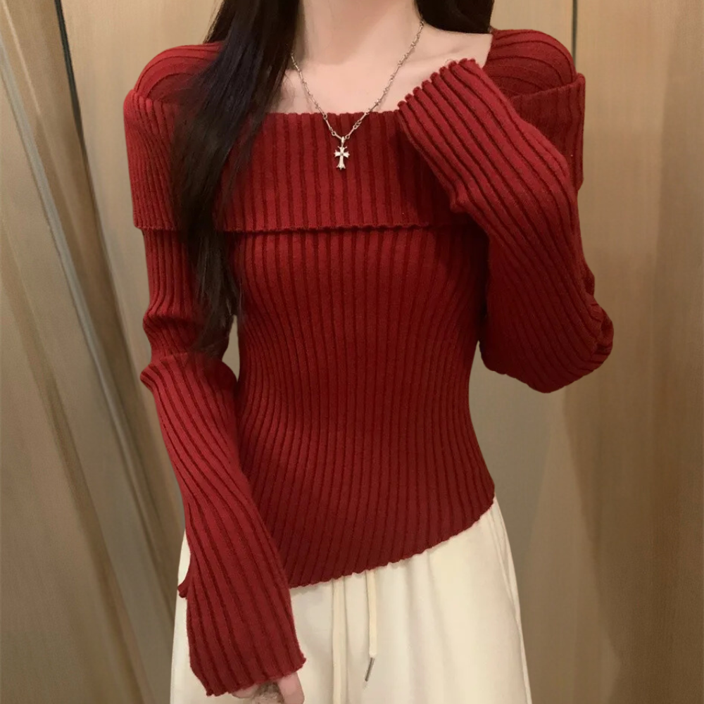 Rode geribbelde off-shoulder trui voor dames, stijlvolle herfstmode, gecombineerd met een witte rok, ideaal voor casual en chique gelegenheden.