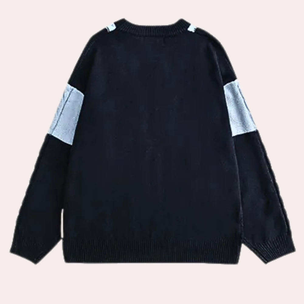 Zwarte trui met lange mouwen en lichtgrijze schouder- en elleboogaccenten, uniseks design, casual mode, herfst- en winterkleding.