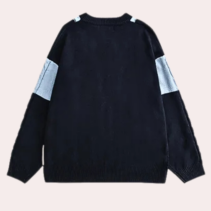 Zwarte trui met lange mouwen en lichtgrijze schouder- en elleboogaccenten, uniseks design, casual mode, herfst- en winterkleding.