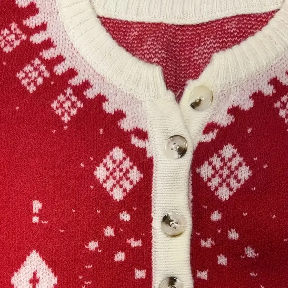 Rode kersttrui met witte Noorse patronen en knopen, gebreid design, wintermode, feestelijke kleding, warme trui voor de feestdagen.