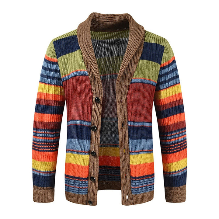 Grofgebreide heren trui met kleurrijke strepen, knoopsluiting en sjaalkraag. Perfect voor casual herenkleding en wintermode.