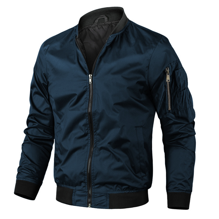 Voorkant blauwe vintage bomberjack voor heren