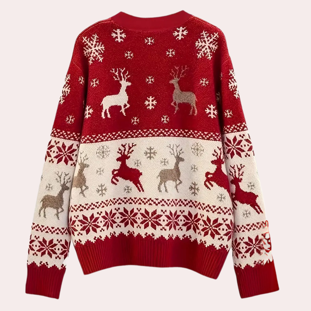 Rode kersttrui met rendieren en sneeuwvlokken, gebreid patroon, wintermode, feestelijke kleding, unisex design, warme trui voor kerstmis.