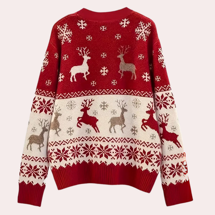 Rode kersttrui met rendieren en sneeuwvlokken, gebreid patroon, wintermode, feestelijke kleding, unisex design, warme trui voor kerstmis.