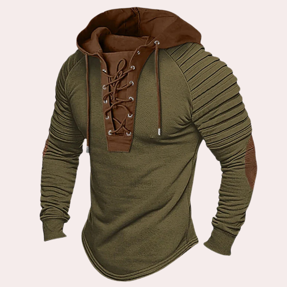 Moderne heren sweatshirt met vetersluiting en capuchon, olijfgroen met bruine accenten, geribbelde mouwen en elleboogstukken.