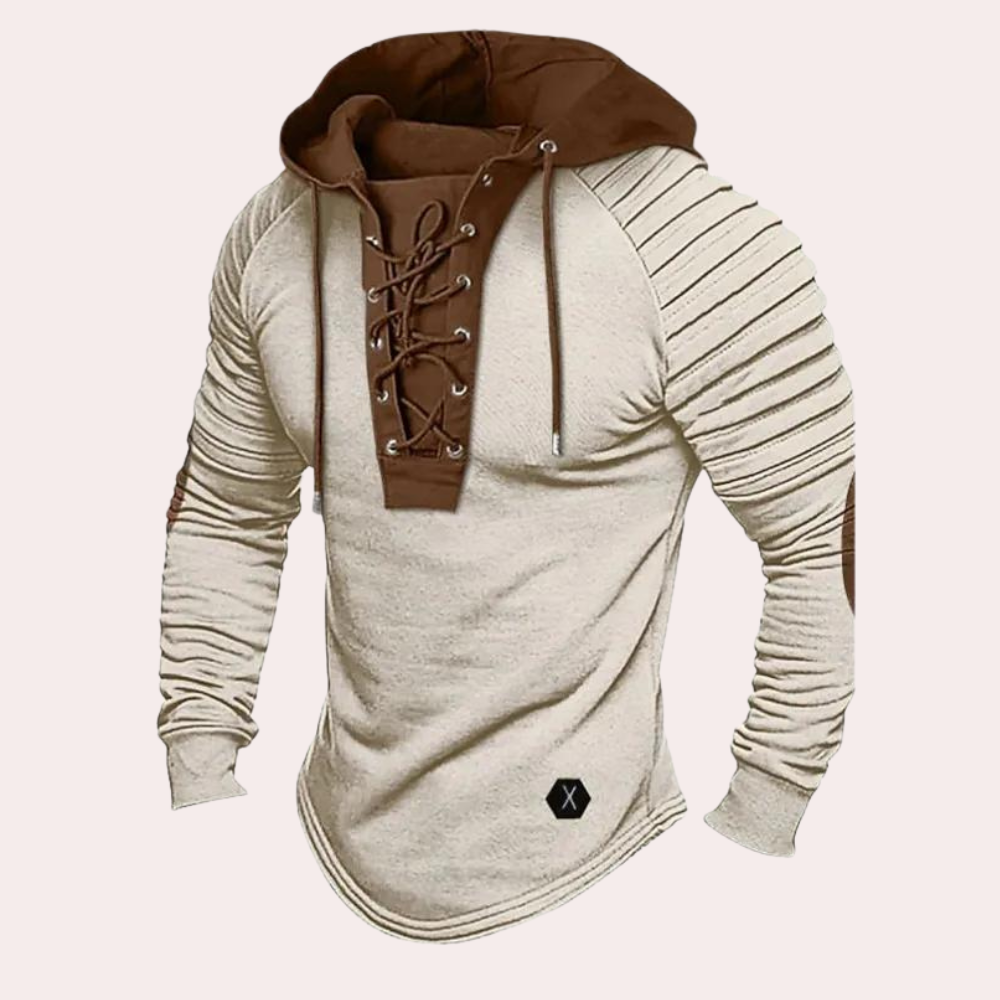 Modern heren sweatshirt met vetersluiting en capuchon, beige met bruine accenten, lange mouwen, casual streetwear, Jerico collectie.