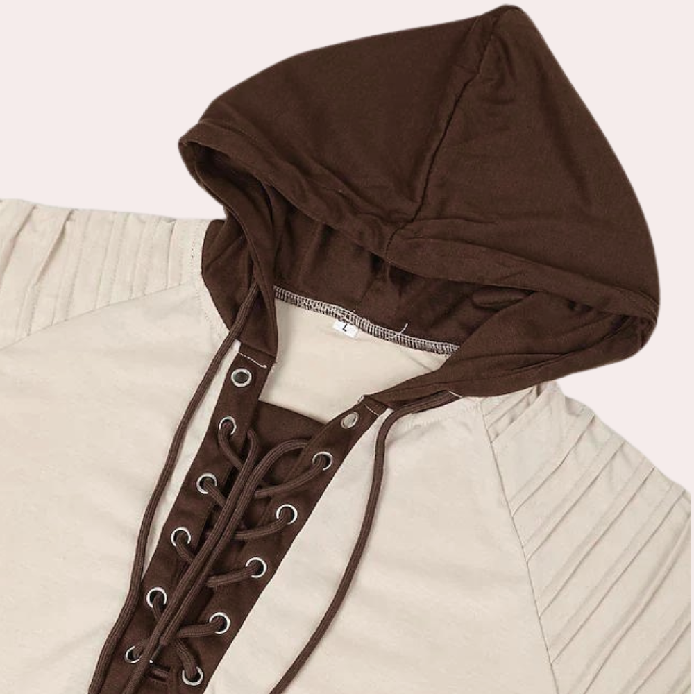 Moderne heren sweatshirt met vetersluiting en capuchon, beige en bruin, Jerico. Stijlvolle herenkleding, comfortabele hoodie, casual mode.