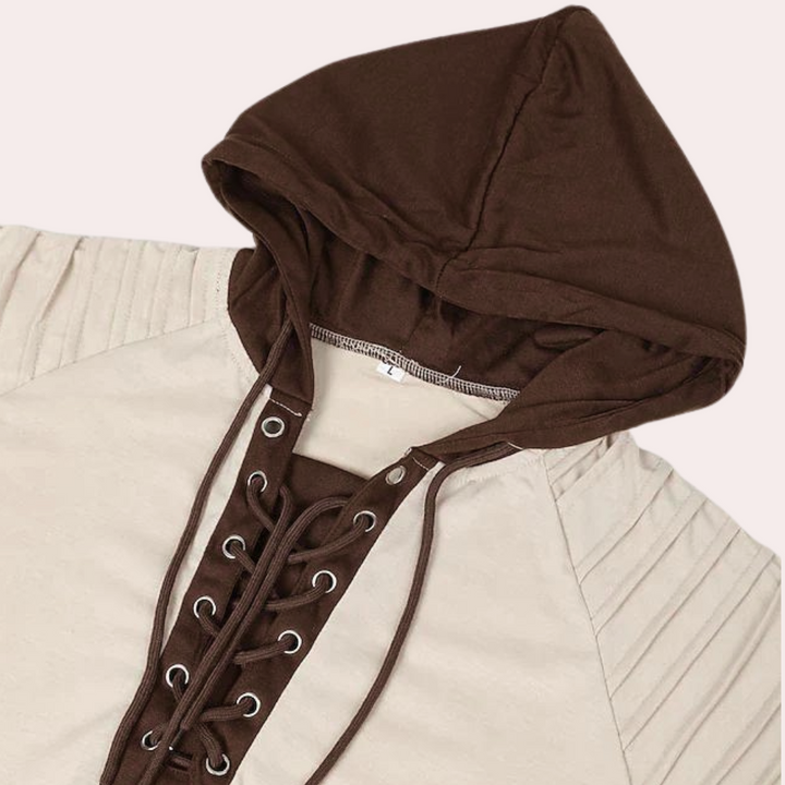 Moderne heren sweatshirt met vetersluiting en capuchon, beige en bruin, Jerico. Stijlvolle herenkleding, comfortabele hoodie, casual mode.