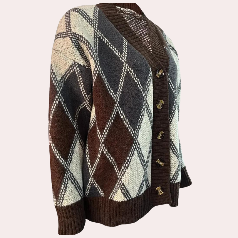 Bruin-wit geruite damescardigan met knopen, gebreid patroon, herfstmode, comfortabele en stijlvolle dameskleding, perfect voor koel weer.