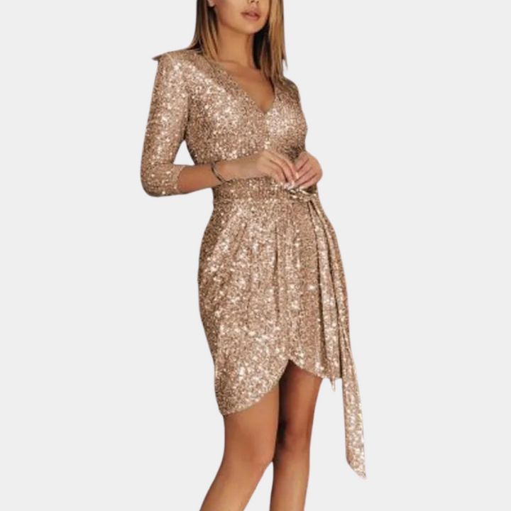 Elegante dames glitterjurk met V-hals en driekwart mouwen, goudkleurig, perfect voor feestelijke gelegenheden en avondkleding.