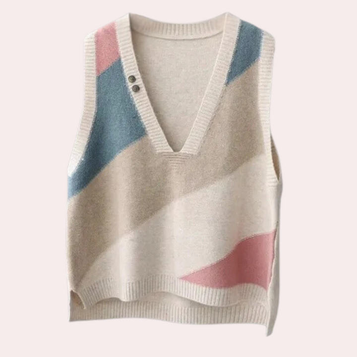 Dames gebreide trui zonder mouwen met V-hals, beige met roze en blauwe geometrische patronen. Modieuze en comfortabele dameskleding.
