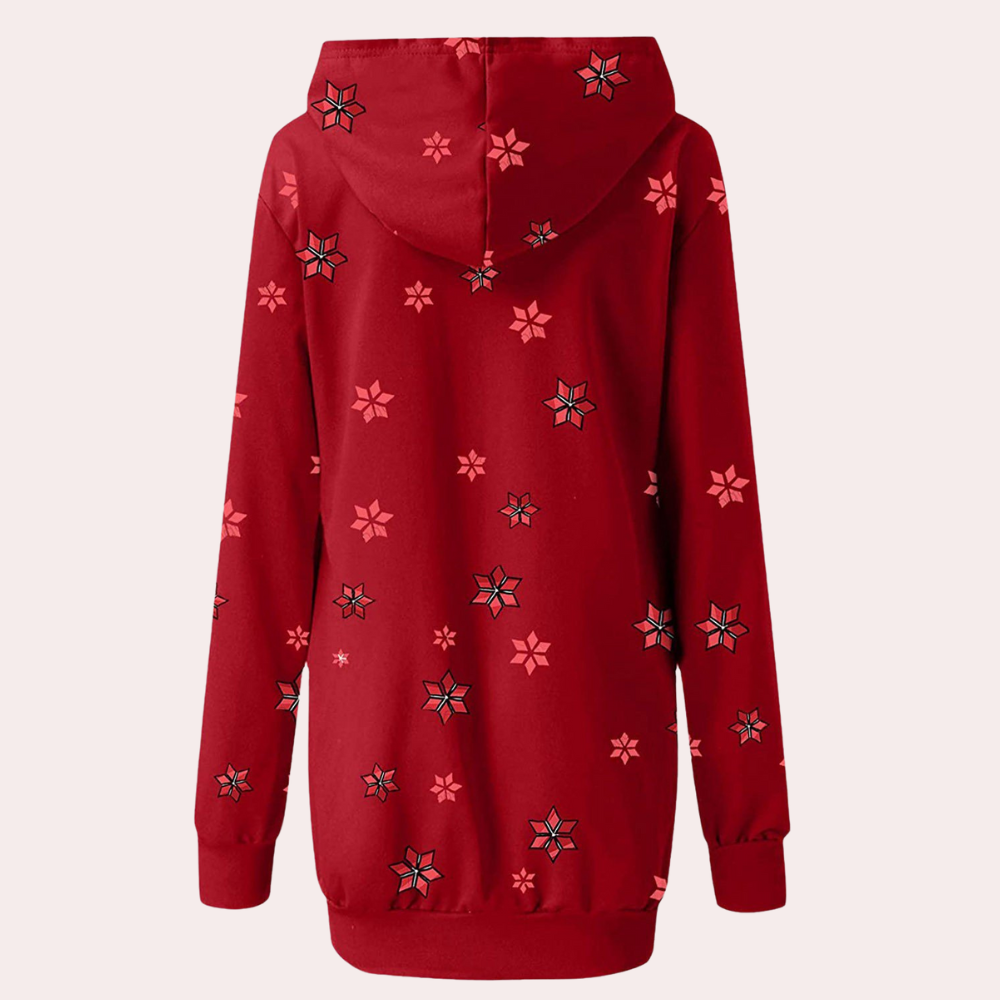 Rode hoodie met capuchon, versierd met sterpatroon. Comfortabele dameskleding, ideaal voor casual outfits. Perfect voor herfst- en wintermode.