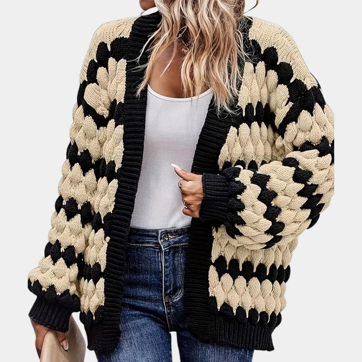 Dames gebreid vest, zwart-beige patroon, lange mouwen, casual stijl, perfect voor herfst en winter, modieuze en comfortabele kleding.