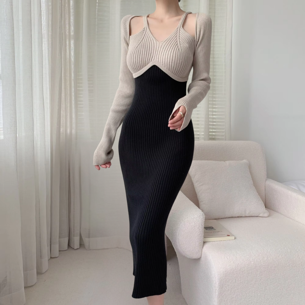 Elegante gebreide jurk, beige en zwart, lange mouwen, bodycon stijl, moderne damesmode, comfortabele pasvorm, geschikt voor herfst en winter.