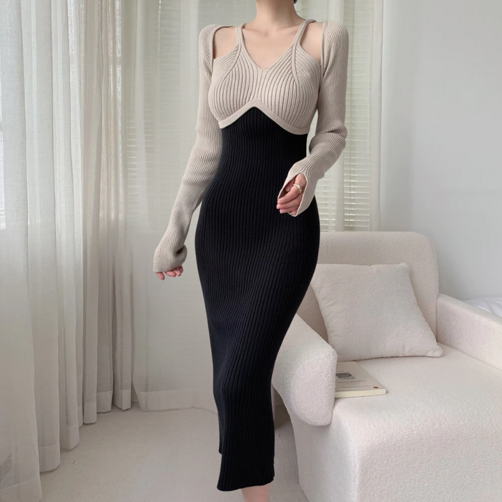 Elegante gebreide jurk, beige en zwart, lange mouwen, bodycon stijl, moderne damesmode, comfortabele pasvorm, geschikt voor herfst en winter.