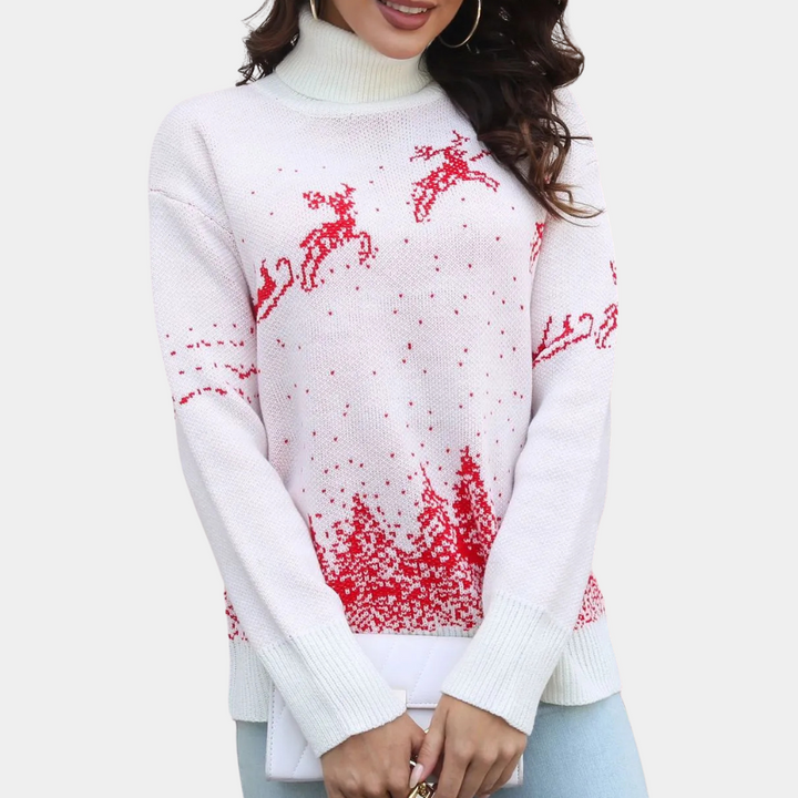 Witte kersttrui met rode rendieren en sneeuwvlokken, hoge kraag, lange mouwen. Perfect voor feestdagen, wintermode, dameskleding.