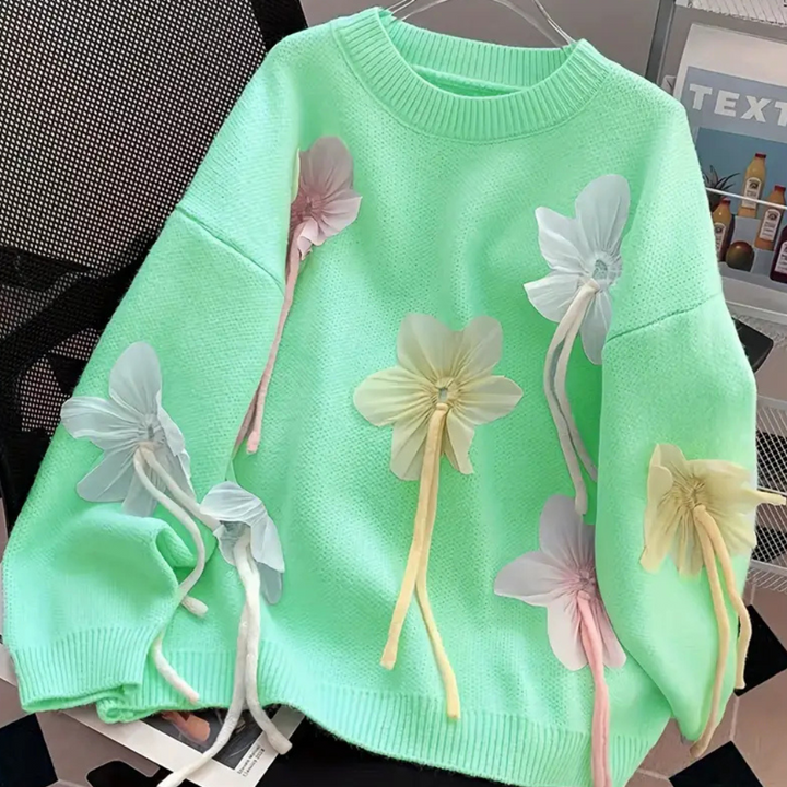 Mintgroene trui met 3D-bloemen, pastelkleurige decoraties, trendy damesmode, unieke gebreide kleding, lente/zomer stijl.
