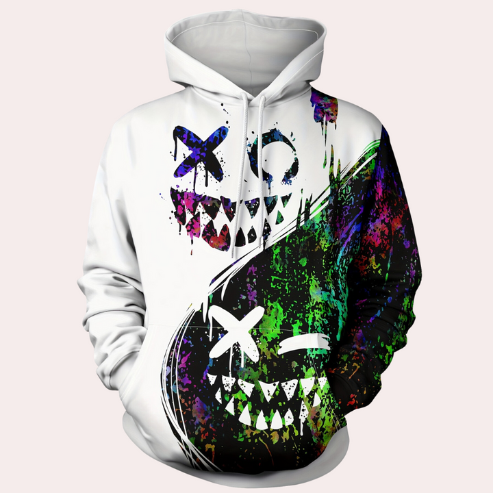 Witte hoodie met kleurrijke graffiti-print, lachende gezichten en abstracte kunst. Streetwear mode, unisex design, casual kledingstijl.