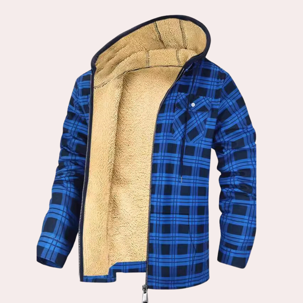 Blauwe geruite herenjas met capuchon en warme fleecevoering, ideaal voor wintermode. Comfortabele en stijlvolle jas voor koude dagen.