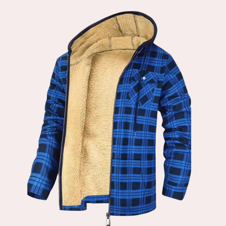 Blauwe geruite herenjas met capuchon en warme fleecevoering, ideaal voor wintermode. Comfortabele en stijlvolle jas voor koude dagen.