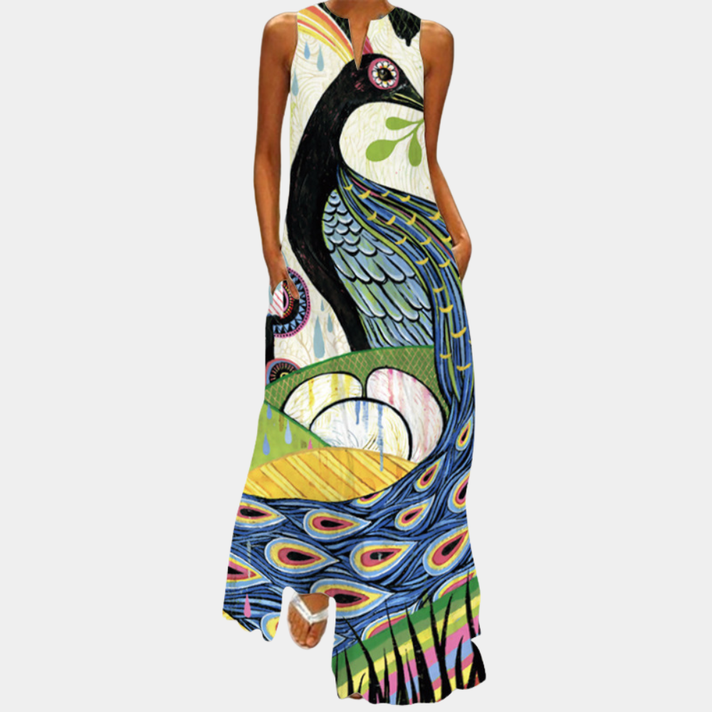 Kleurrijke damesjurk met pauwprint, mouwloos ontwerp, vloerlengte, ideaal voor zomer, casual en bohemian stijl. Perfect voor modieuze vrouwen.