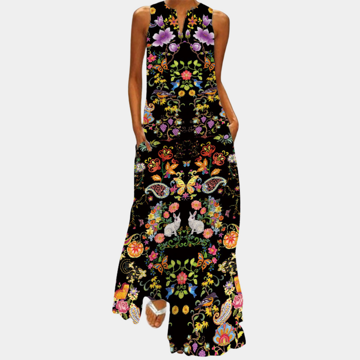 Kleurrijke damesjurk met bloemenprint, mouwloos, lange maxi-stijl. Perfect voor zomer, bohemian mode, casual en feestelijke gelegenheden.