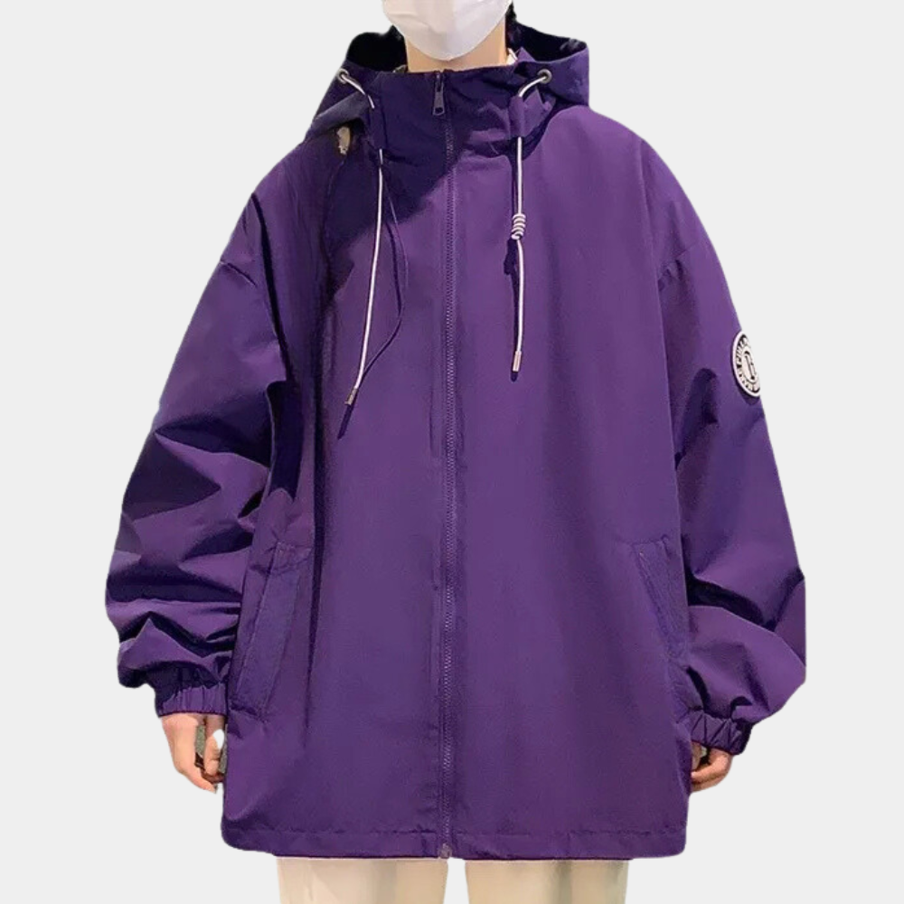 Paarse unisex windjack met capuchon, ritssluiting en zakken. Trendy streetwear jas, ideaal voor herfst en winter. Comfortabele pasvorm.