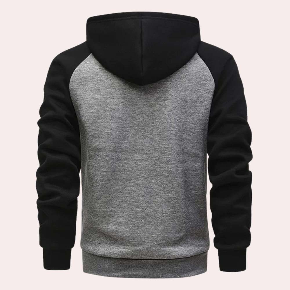 Grijze en zwarte hoodie met capuchon, raglanmouwen en zachte stof. Perfect voor casual en sportieve outfits. Unisex sweatshirt voor dagelijks gebruik.